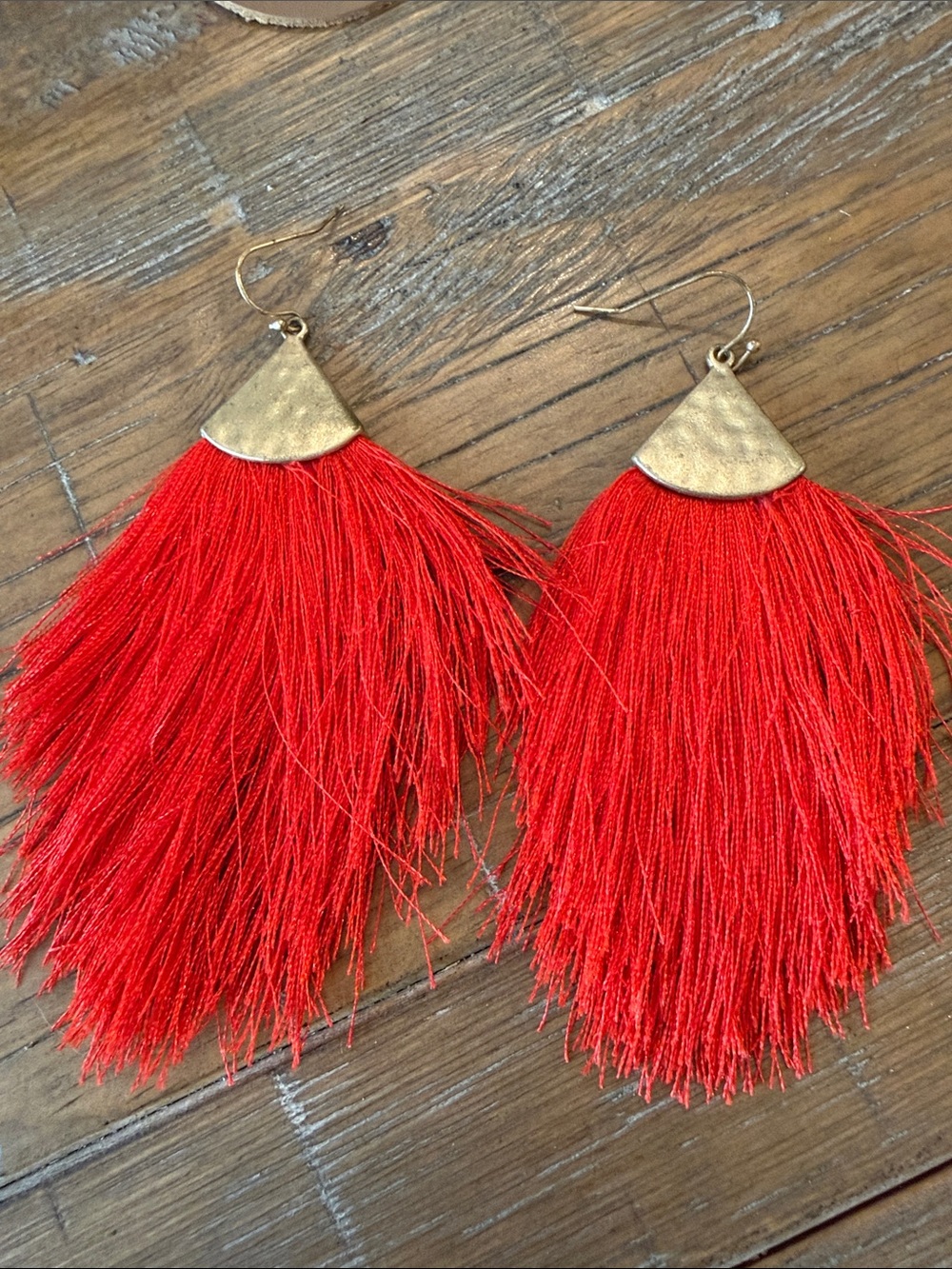 Red Tassel Fringe Drop Earrings - Gold Accent